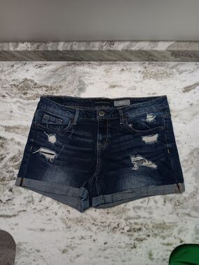 Aeropostale Dark Wash Distressed Rolled Hem Jean Shorts